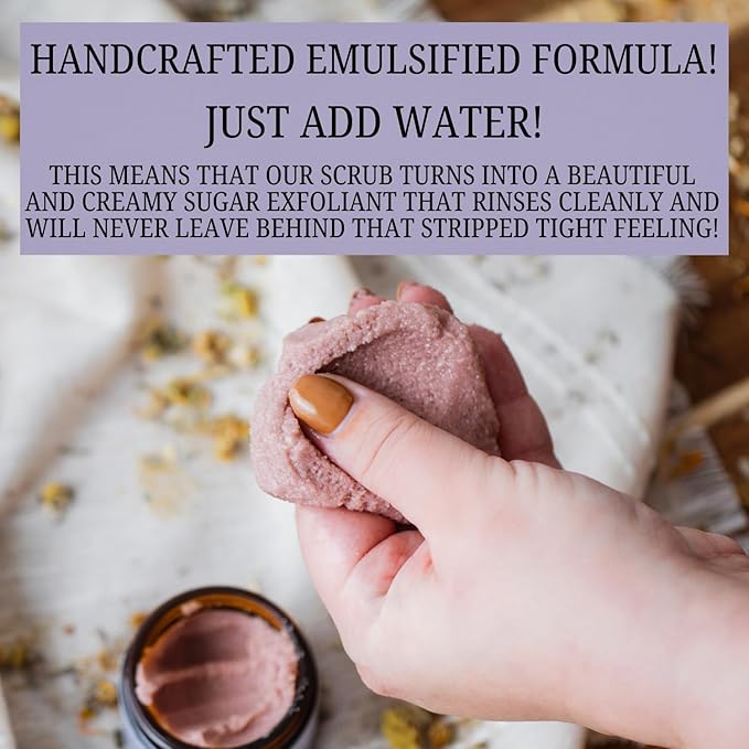 Emulsified Face Sugar Scrub, Organic squalane oil/Castor oil: infused Chamomile, Kokum Butter, Purple Clay, Colloidal Oatmeal, Manuka Honey-Gentle exfoliant: Dry/Sensitive/Acne-Prone (NURTURE)