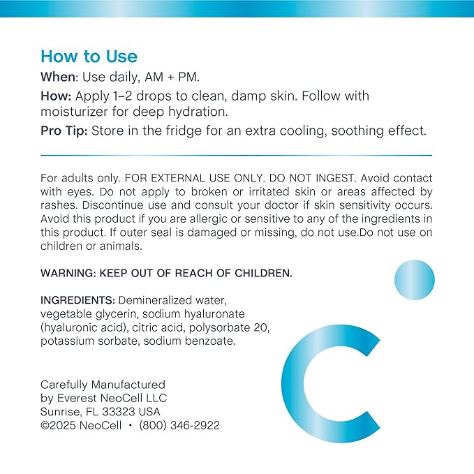 NeoCell Hyaluronic Acid Hydration Serum | 2 fl oz | Hydrating Formula for Face | Advanced Skin Care