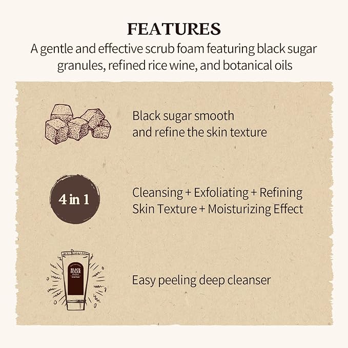SKINFOOD Black Sugar Perfect Scrub Foam 180g - Detoxifying Pore Scrubs & Exfoliator Soft & Rich Bubble Facial Foam Cleanser, Removes Dead Skin Cells - Exfoliating Skincare for Men & Women (6.35 oz)