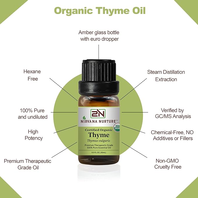 Thyme Essential Oil, USDA Certified Organic, 100% Pure Undiluted, Aromatherapy Oil for Diffuser, Hair & Skin Care