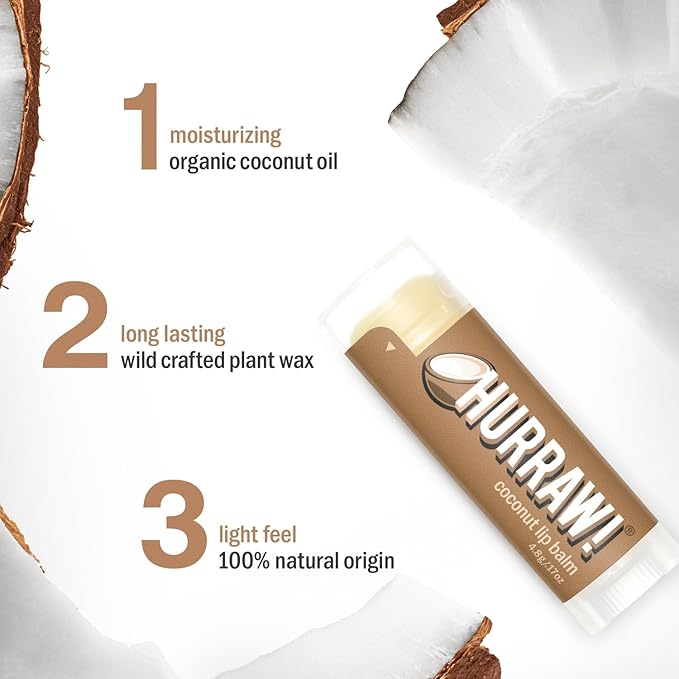 Hurraw! Coconut Lip Balm, 3 Pack: Organic, Certified Vegan, Cruelty and Gluten Free. Non-GMO, 100% Natural Ingredients. Bee, Shea, Soy and Palm Free. Made in USA