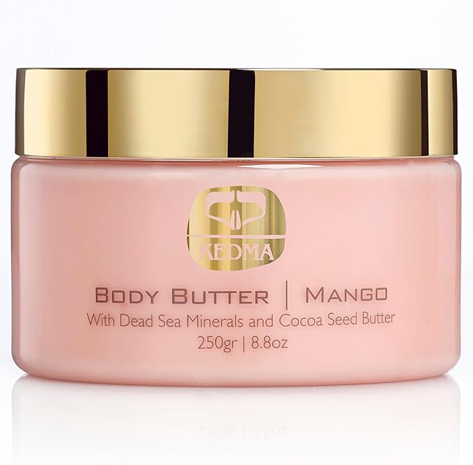 KEDMA Mango Body Butter – Nourishing Dead Sea Minerals Body Cream with Cocoa Butter, Rice Bran Oil & Vitamin E – Hydrating Moisturizer for Dry Skin - 8.8 oz