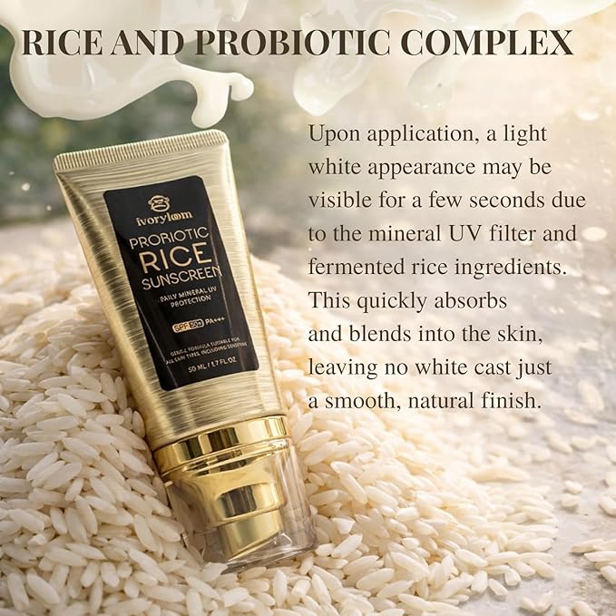 ivoryloom SPF 50 PA++++ Mineral Sunscreen | Fast Absorbing Hydration with Rice Ferment, Niacinamide, Hyaluronic Acid, Titanium Dioxide | Broad Spectrum | No White Cast | Reef Safe | 1.7 OZ