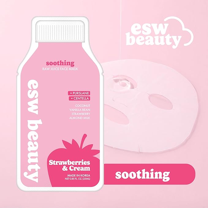 ESW Beauty Strawberries & Cream Sheet Mask - Raw Juice Hydrating Face Mask - Calming with Coconut, Vanilla Bean, Almond Milk & Strawberry for Sensitive Skin - Reduces Redness & Nourishes