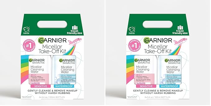 Garnier Micellar Water Travel Size Take-off Kit, All-In-1 Facial Cleanser & Makeup Remover, Mini All-In-1 Micellar + Mini Remover for Waterproof Makeup (Pack of 2)