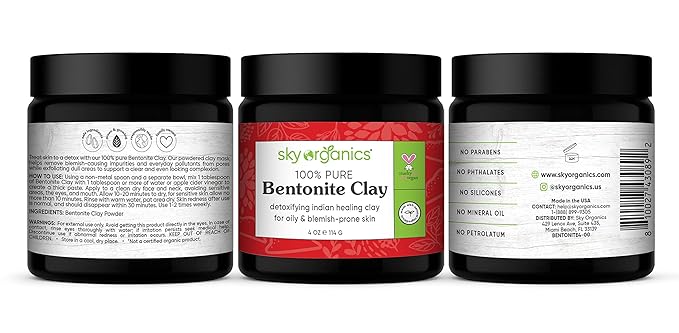 Sky Organics Indian Healing Clay with Detoxifying Bentonite Clay for Face, Helps Remove Impurities, Suitable for Oily or Blemish-Prone Skin, 100% Pure, Vegan & Cruelty-Free Skin Care, 4 Oz.