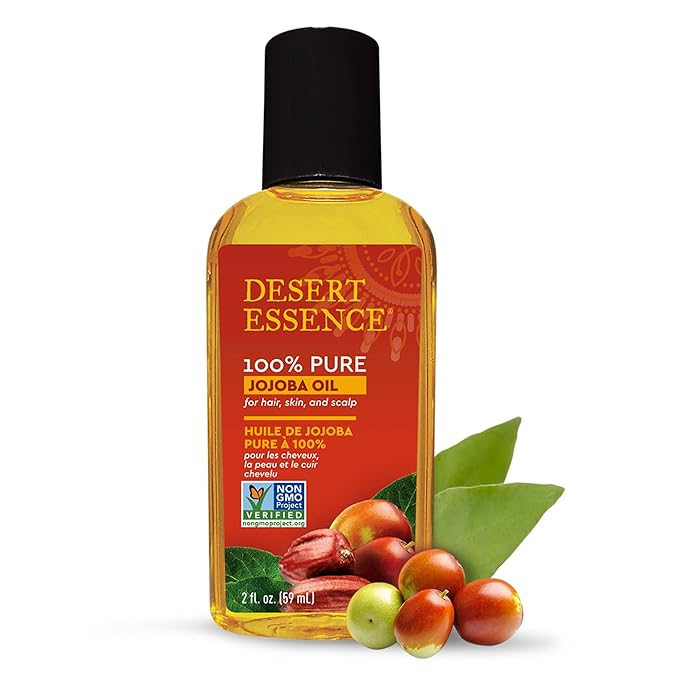 Desert Essence 100% Pure Jojoba Oil – 2 Fl Oz Moisturizer for Hair, Skin & Scalp | Makeup Remover & Aftershave Hydrator, Non-GMO, Vegan, Cold-Pressed, Anti-Flakiness & Non-Clogging Beauty Elixir