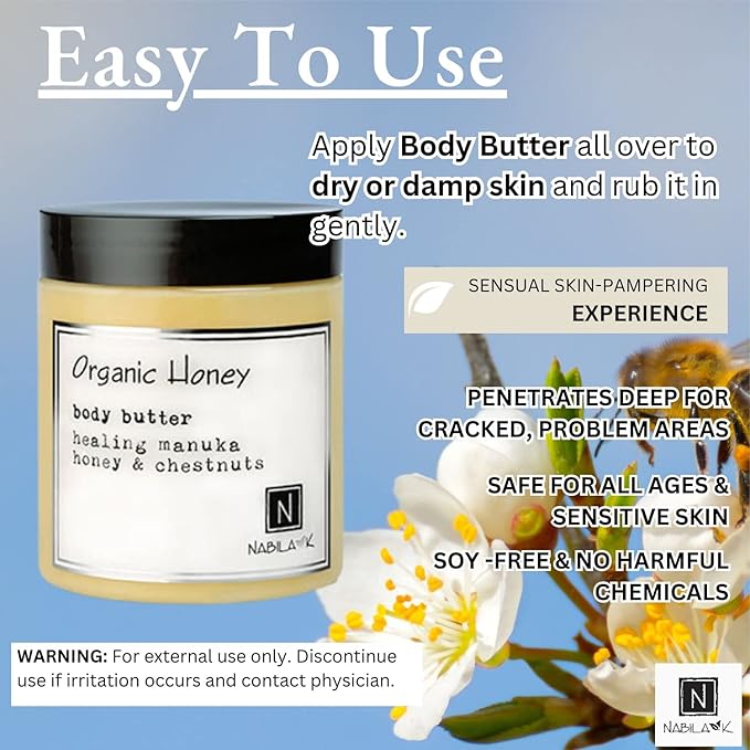 Nabila K Body Butter - Daily Moisturizer for Body Care - Skin Hydrating Deep Moisturizing - Natural Ingredients - Organic Honey - 9 oz