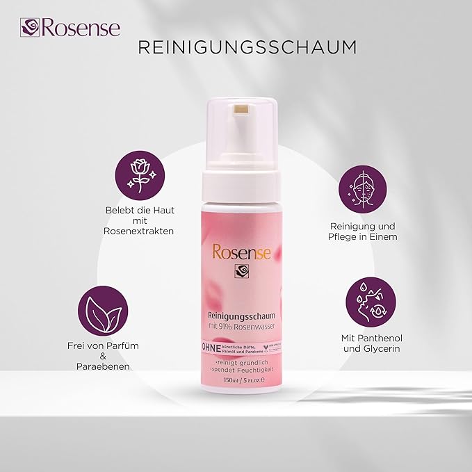 Rosense Cleansing Foam - Moisturising Facial Cleansing with 91% Natural Rose Water Vegan - 150 ml