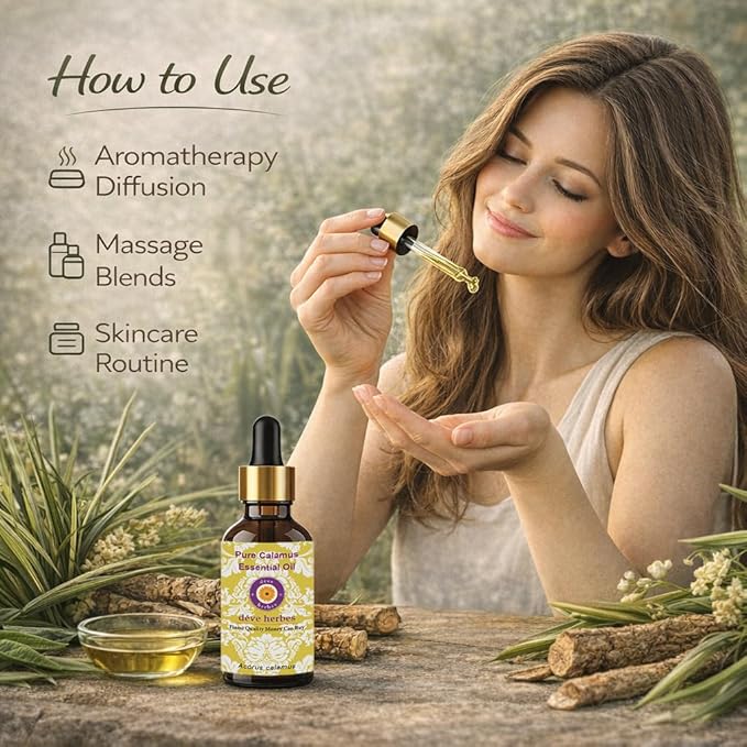 dève herbes Calamus Essential Oil (Acorus Calamus) Pure | Non-Sticky | Non-Greasy | Lightweight | Men & Women | All Skin Types | Steam Distilled 15ml (0.5 oz)