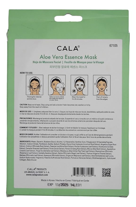 Cala Aloe Vera Essence Facial Sheet Masks (5 Pack) - Ultra-Thin Face Mask Sheets with Plant Extracts + Amino Acids, Hydrating & Soothing, For Dry/Dull Skin, No Rinse