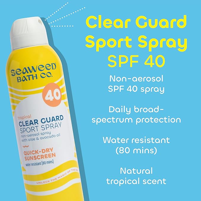 Seaweed Bath Co. Clear Guard SPF 40 Sport Broad Spectrum Sunscreen Spray, 6 Ounce (Pack of 2), Sustainably Harvested Seaweed, Aloe, Avocado Oil