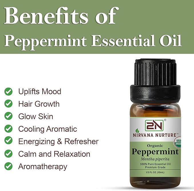Peppermint Essential Oil, USDA Certified Organic, 100% Pure Undiluted, Aromatherapy Oil for Diffuser, Hair & Skin Care