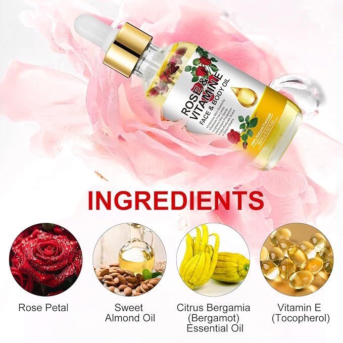 Rose Oil for Face, Rose Vitamin E Oil, Premium Vitamin E Facial Oil - Deep Hydration for Face & Body, Nourishes Dry Skin, Facial Care Support 2 Fl Oz