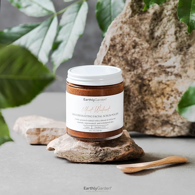 Earthly Garden Mint Walnut Exfoliating Face Scrub with AHA – Natural Microdermabrasion & Deep Pore Cleanser for Blackheads, Acne Scars & Glowing Skin – 2 oz