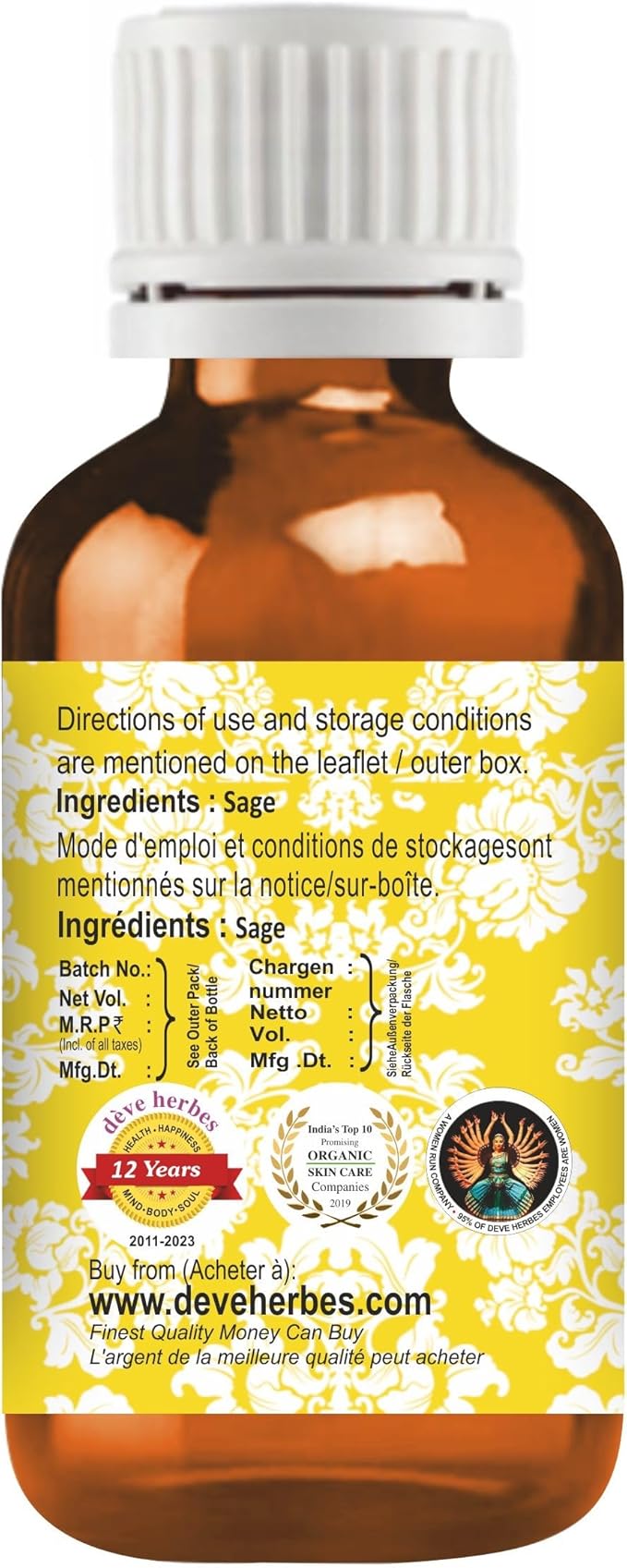 dève herbes Sage Essential Oil (Salvia officinalis) Pure | Non-Sticky | Non-Greasy | Lightweight | Men & Women | All Skin Types | Steam Distilled 10ml (0.33 oz)