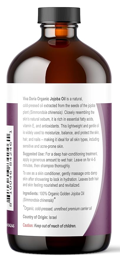Viva Doria Jojoba Oil, USDA Certified Organic, 16 fl oz, Natural Jojoba Oil for Hair, Skin & Face, Cold Pressed Unrefined