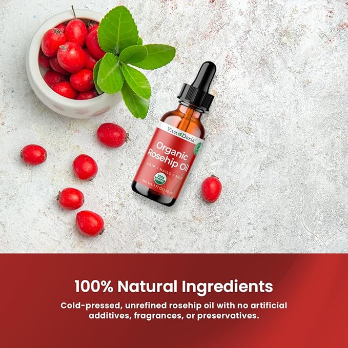 Viva Doria Organic Rosehip Seed Oil, 30 ml (1 Fl Oz) | 100% Pure & Natural | USDA Organic | Cold-Pressed & Unrefined Carrier Oil for Face, Skin & Nails