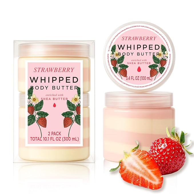 Princess Belle Strawberry Whipped Shea Body Butter, Body Moisturizer for Dry Skin, Smell Good, Strawberry Gifts for Women-2 Pack (3.4floz + 6.8 floz)