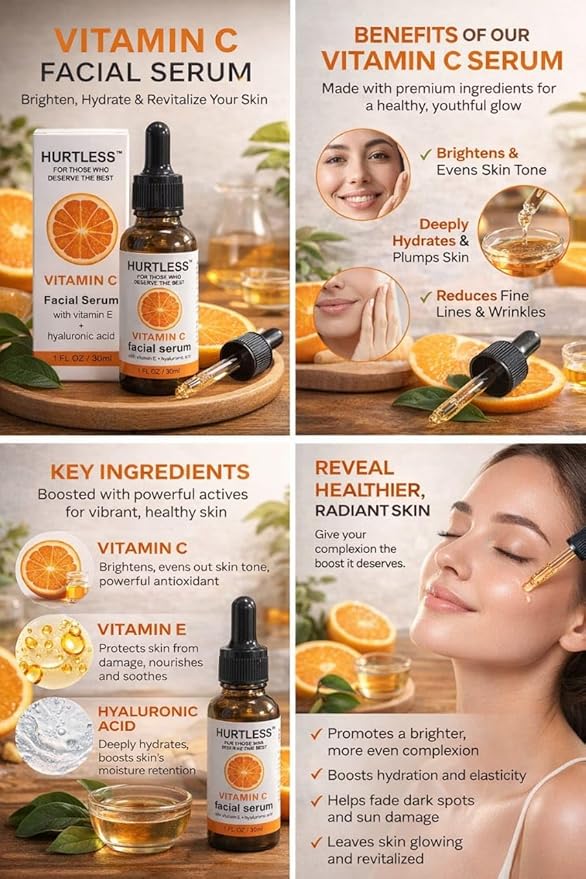 HURTLESS Vitamin C Face Serum with Hyaluronic Acid, Brightening Serum for Dark Spots, Dull Skin, Hydrating, Fragrance Free, Fast Absorbing, Cruelty-Free Skin Serums for Dry Skin- 30 ml / 1.01 fl oz