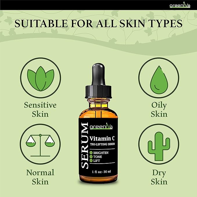 GreenIVe Vitamin C Serum for Face with Hyaluronic Acid & Vegetable Collagen - Tri-Lifting Hydrating Facial Serum - Brightening Skin Care for Glowing Complexion - Vegan & Cruelty Free - 1 fl oz