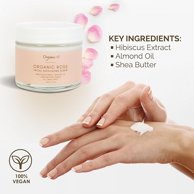 Rose Face Scrub with Pumice – Gentle Vegan Exfoliator for Radiant Skin, Natural Facial Polish with Organic Rose Water & Shea Butter – 60ml