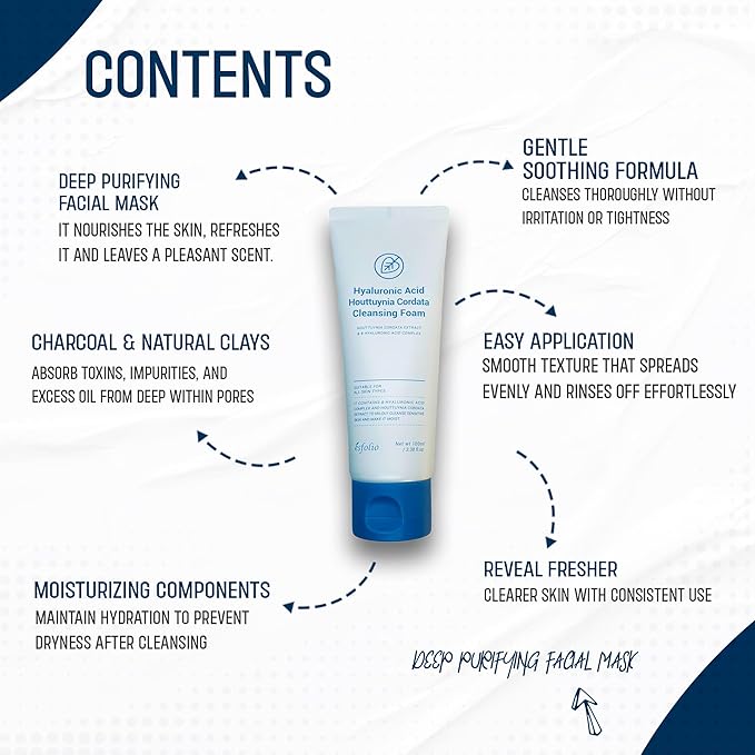 esfolio Hyaluronic Acid & Houttuynia Cordata Cleansing Foam – Gentle Daily Face Wash for Hydration & Clarity | Refreshing Korean Skincare Cleanser for All Skin Types (5.29oz-150ml)