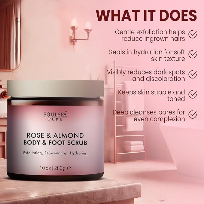 SOULSPA PURE Rose & Almond Body & Foot Scrub - Rejuvenating & Hydrating Exfoliating Body Scrub for Luxurious Skin Care, 10 oz