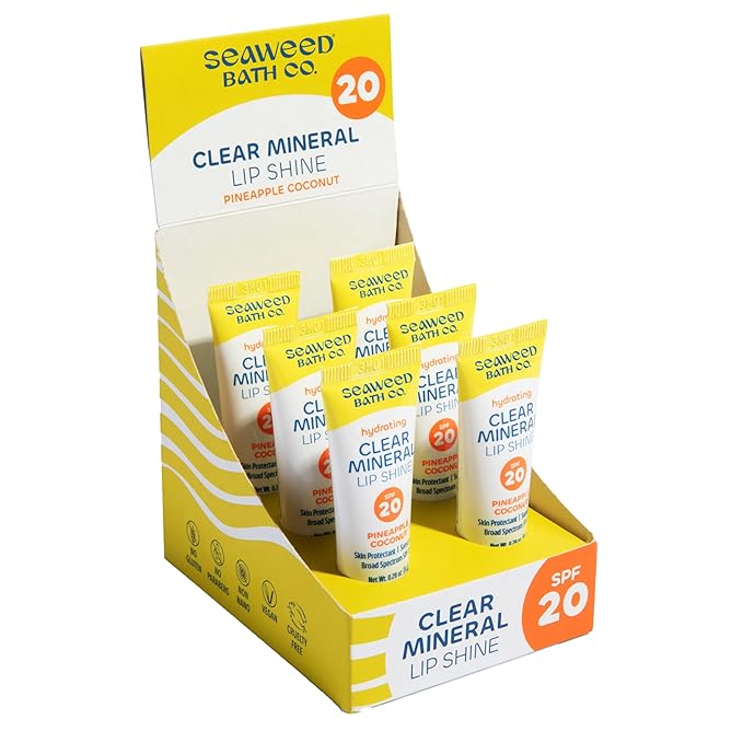 Seaweed Bath Co. Hydrating Clear Mineral Lip Shine - SPF 20 Sunscreen Zinc Oxide Lip Balm - Nourishing Care to Hydrate & Protect Dry, Chapped Lips - Natural Pineapple Coconut Flavor- 0.28 oz
