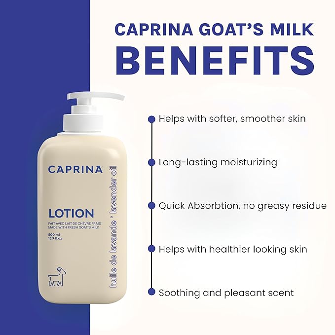 Caprina Goat’s Milk Body Lotion, 500 ml (16.9 oz), LAVENDER OIL, Soothing Daily Moisturizer for Normal to Dry Skin