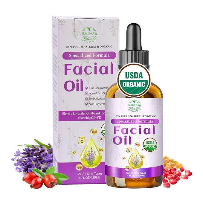 Lavender Oil for Face, Organic Facial Oils with Rosehip, Vitamin E, Frankincense & Pomegranate, USDA Certified Cold Pressed 100% Natural Anti-Aging for Moisturizing, Brightening - 4oz / 120ml