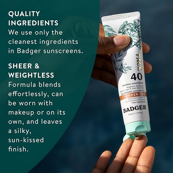 Badger Tinted Sunscreen for Face SPF 40, Lightweight Tinted Mineral Sunscreen w/Sheer Tint Warm Finish for Light or Dark Skin, No White Cast, 80% Organic, Vegan, Water Resistant, Unscented, 1.7 fl oz