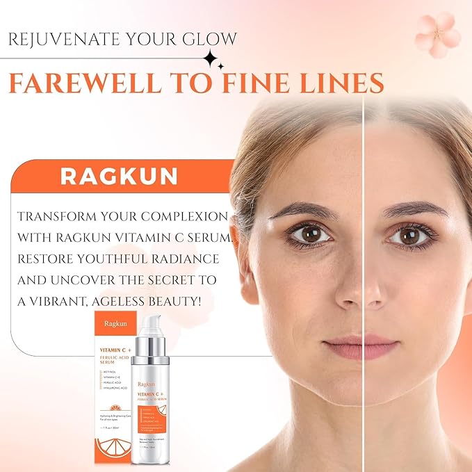 Ragkun 20% Vitamin C Serum, Retinol Serum for Face, Dark Spot Remover for Face, CE Ferulic Acid, Hyaluronic Acid, Hydrate & Plump Skin Care Anti Aging Wrinkle Brightening Skincare -1 Fl Oz.