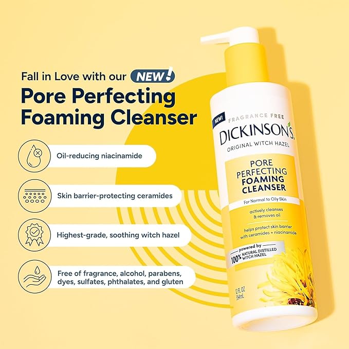 Dickinson's Original Witch Hazel Pore Perfecting Facial Cleanser, 12 Fl Oz, For Normal to Oily Skin, Removes Excess Oil, Refines and Clears Pores, Alcohol-Free Face Wash