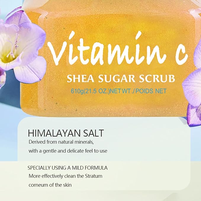 Facial Scrub Vitamin C Shea Sugar Scrub Ultra Hydrating and Exfoliating for Nourishing Essential Body Care Improves Acne Scars, Blackheads, Pore Size, and Skin Texture 21oz