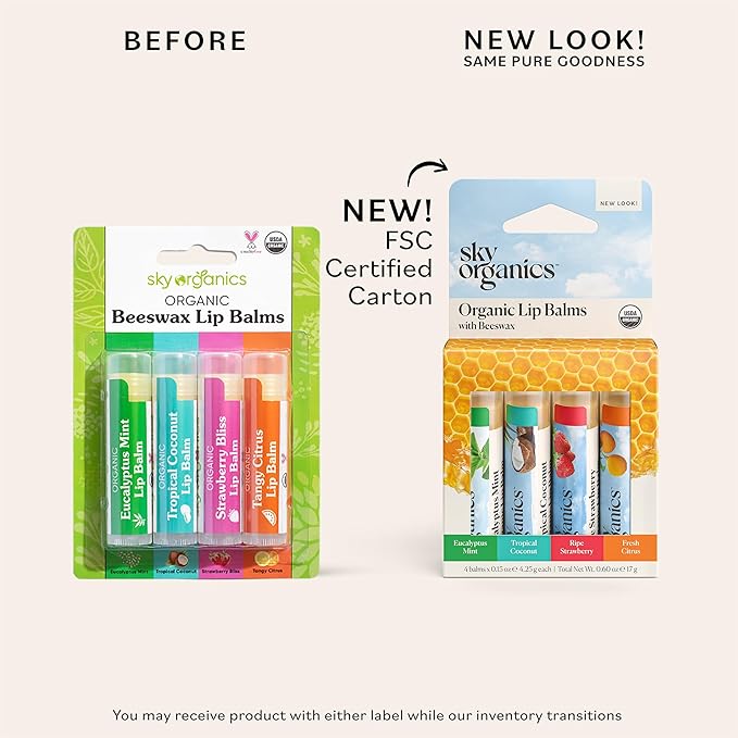 Sky Organics Organic Lip Balms With Beeswax for Lips, USDA Certified Organic, Four Assorted Flavors to Moisturize, Soothe & Soften, 4pk.