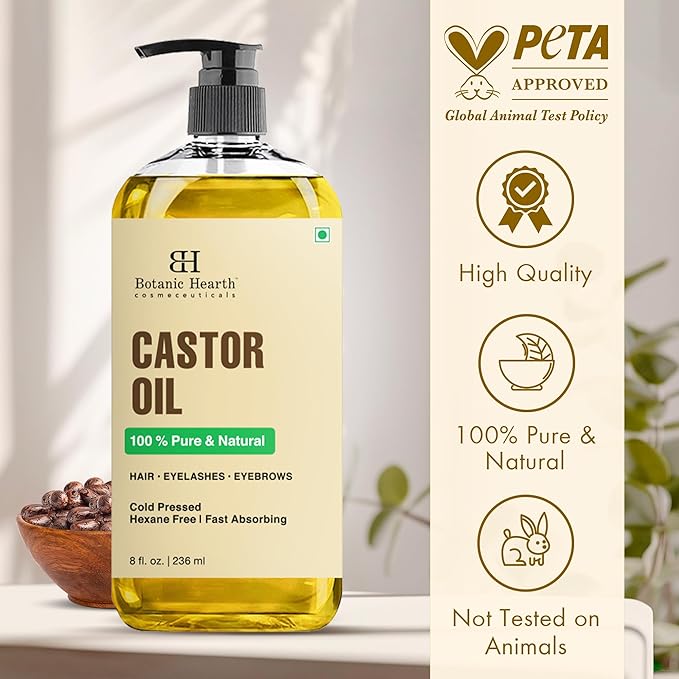Botanic Hearth Castor Oil 8 Fl Oz| 100% Pure & Natural, Cold Pressed |For Hair, Eyelashes & Eyebrows | Hexane Free, Fast Absorbing | with Massage Roller Ball