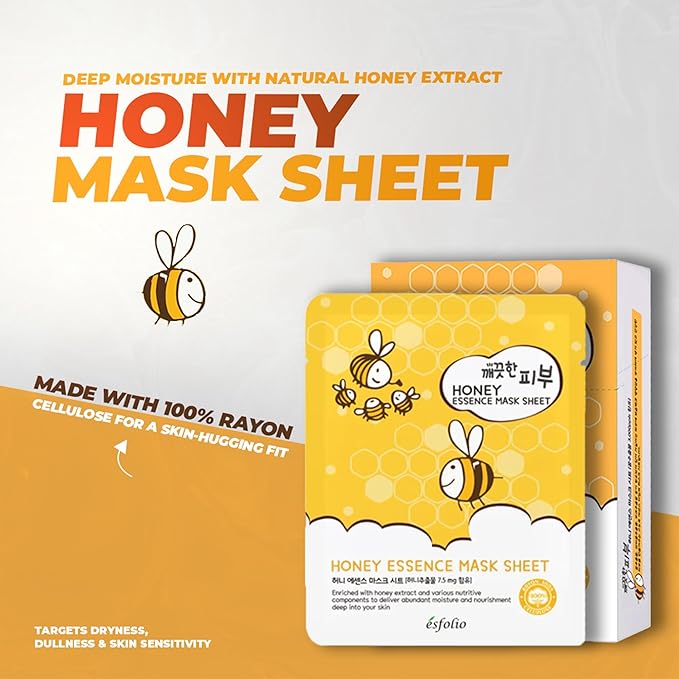 esfolio Honey Essence Face Mask – Hydrating & Nourishing Sheet Mask for Dry, Dull, Sensitive Skin – Moisturizing Face Treatment with Natural Honey Extract (Pack of 10)