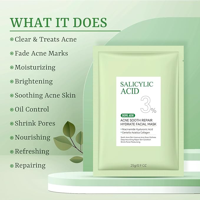 Anti Acne Face Mask Salicylic Acid Face Masks Skincare, Hydrating Face Masks, Soothing Facial Sheet Masks Skin Care for Acne Prone, Acne Mask for Pimple Breakouts Oil Control, 10 Pack