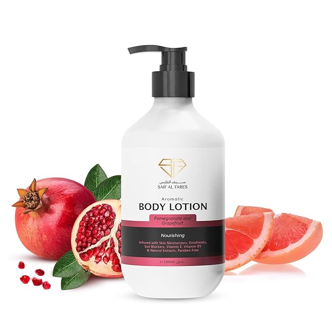 Saif Al Fares Pomegranate & Grapefruit Body Lotion – Hydrating Moisturizing Lotion for Women & Men – Daily Moisturizer with Vitamin E & B5 – Skin Care Body Moisturizing Lotion for Dry Skin, 500ml Pump