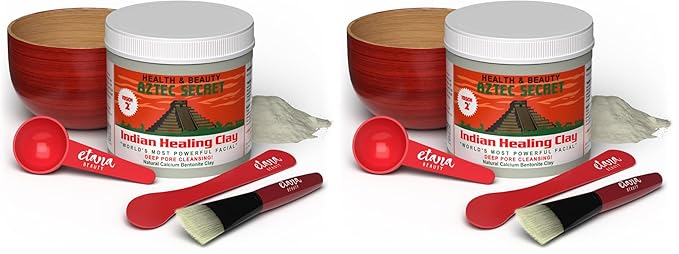 Aztec Secret Essential Indian Clay Mask Kit by Etana – 100% Natural Calcium Bentonite for Deep Pore Cleansing - Facial, Hair & Body Detox Set With Accessories (Pack of 2)