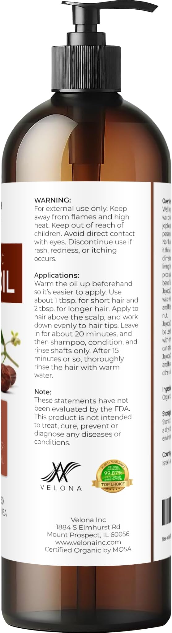 velona Jojoba Oil USDA Certified Organic - 8 fl oz (With Pump) | 100% Pure and Natural | Golden, Unrefined, Cold Pressed, Hexane Free | Moisturizing Face, Hair, Body, Skin Care