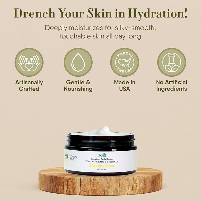 360Feel Jasmine Lime Body Butter - Nourishing and Hydrating Shea Body Butter with a Gentle Formula - Handmade with Essential Oils - Creamy Formula for Daily Use - Zero Harsh Additives - 8 Ounce