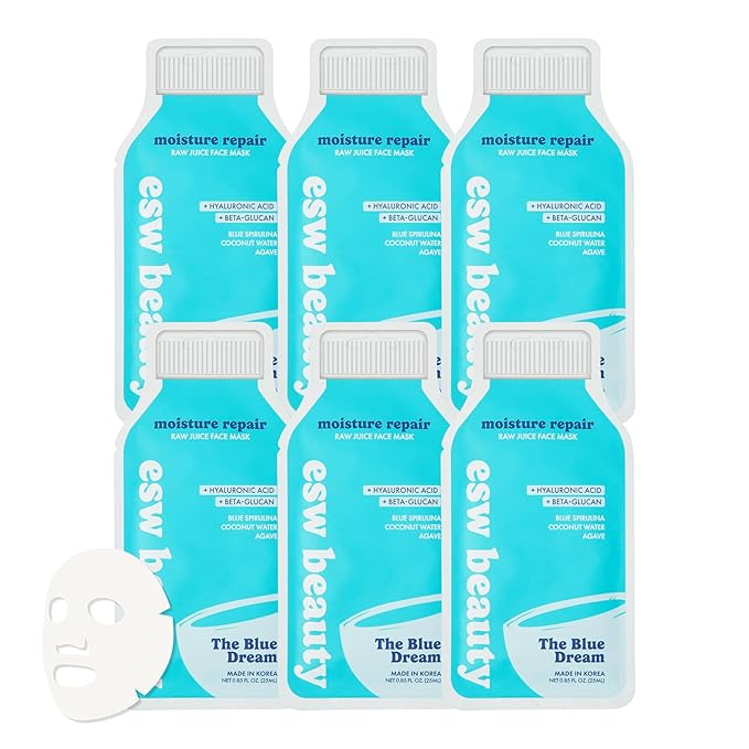 ESW Beauty The Blue Dream - Moisture Repair Raw Juice Face Mask (6-Pack) - Hydrating with Blue Spirulina, Coconut Water & Agave for Dry, Sensitive Skin - Replenishes & Fights Aging