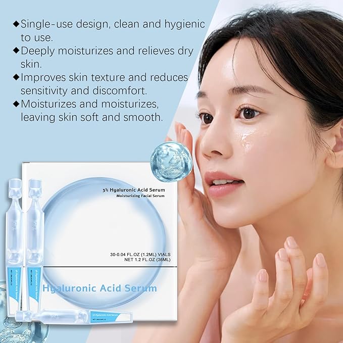30PCS Ultra Hydrating Serum 3% - Hyaluronic Acid Smoother Face Serum, Enriched Hyaluronic Acid, Collagen, Vitamin E Moisturizing, Plump, Fine Lines, Wrinkles, Repair for All Skin