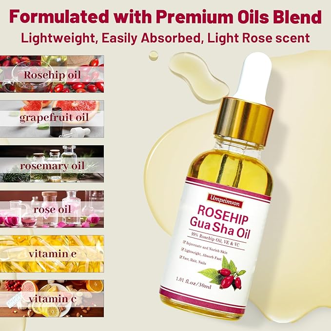 3 Pack Gua Sha Face Oil for Women, Rosehip Oil Organic Facial Oil Moisturizer Infused Rose, Vitamin E & C, Restore and Rejuvenate, Hydrating Facial Oil for Dermaplaning, 1.01fl.oz/30ml