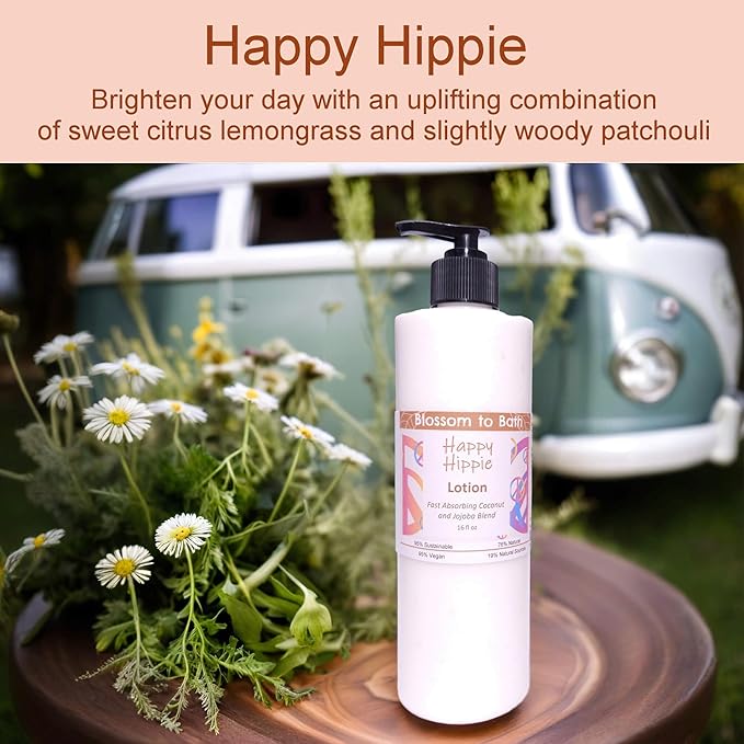 Blossom to Bath Happy Hippie Lotion (16 ounce) - Pure Essential Oil Fragrance - Absorbs Quickly with a Sweet Happy Herbal Scent