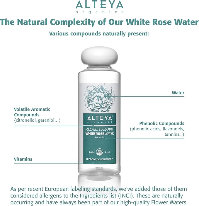 Alteya Organics White Rose Water USDA Certified Organic Facial Toner, 8.5 Fl Oz/250mL Pure Bulgarian Rosa Alba Flower Water,Award-Winning Moisturizer BPA-Free Bottle with Reducer