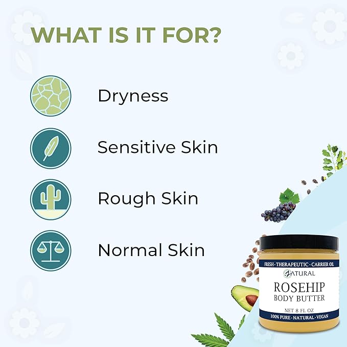 Zatural Organic Seed ROSEHIP BUTTER w/ Virgin Shea (8 oz)- Pure Vitamin C for the Face, Hair & Body | Soothe, Heal | Safe for all ages (8 oz)