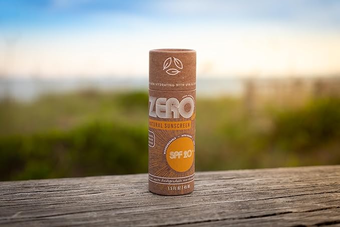 ZERO Waste 100% Plastic Free Natural Sunscreen Stick, SPF 20 Reef Safe and Kid Friendly, Water Resistant, Push Up Cardboard Tube, Sunblock Made From Beeswax, Shea Butter and Coconut Oil, 1.5 Oz